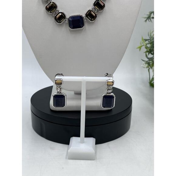 Lia Sophia Drama Club Blue Yellow Rhinestone Silver Tone Necklace Earring Set - Picture 8 of 14